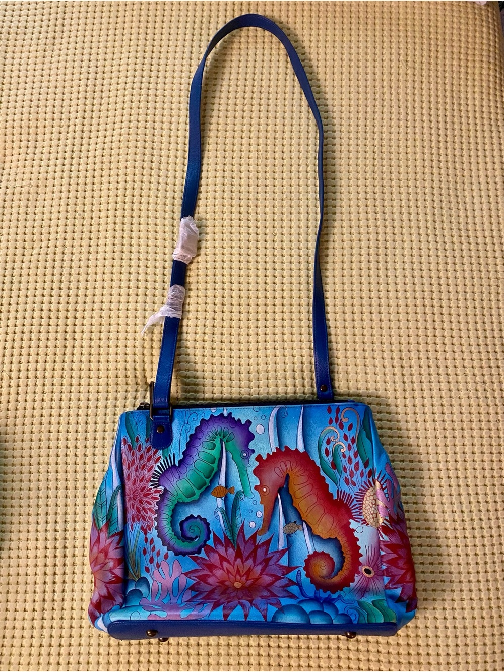 NWOT Anuschka Blue Hand-Painted Jellyfish Seahorse Crossbody Bag - Picture 2 of 5